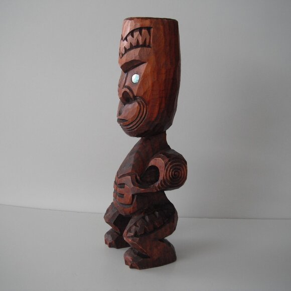 Vintage New Zealand Maori 11" Hand Carved Wood Teko Tiki Totem Statue Shell Eyes - Picture 3 of 9